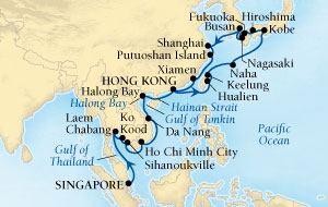 LUXURY CRUISES - Penthouse, Veranda, Balconies, Windows and Suites Seabourn Sojourn Cruise Map Detail Singapore to Hong Kong, China February 28 April 3 2022 - 35 Days - Voyage 5614A