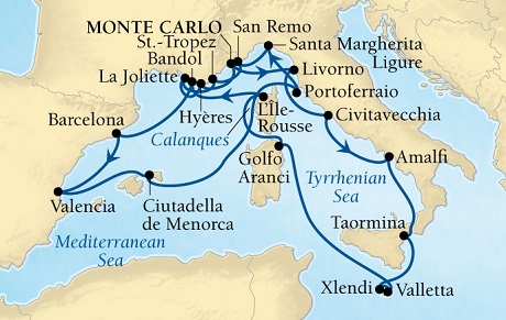 LUXURY CRUISES - Penthouse, Veranda, Balconies, Windows and Suites Seabourn Sojourn Cruise Map Detail Monte Carlo, Monaco to Monte Carlo, Monaco July 14 August 4 2022 - 21 Days - Voyage 5641A