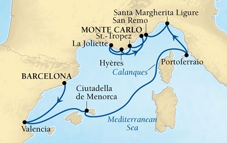 LUXURY CRUISES - Penthouse, Veranda, Balconies, Windows and Suites Seabourn Sojourn Cruise Map Detail Barcelona, Spain to Monte Carlo, Monaco July 25 August 4 2022 - 10 Days - Voyage 5642