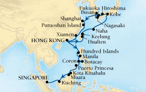 LUXURY CRUISES - Penthouse, Veranda, Balconies, Windows and Suites Seabourn Sojourn Cruise Map Detail Hong Kong, China to Singapore March 13 April 17 2022 - 35 Days - Voyage 5619A