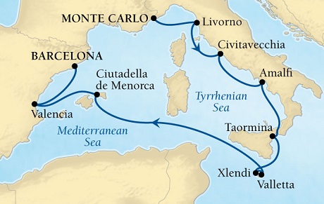 Seabourn Sojourn Cruise Map Detail Monte Carlo, Monaco to Barcelona, Spain May 30 June 9 2016 - 10 Days - Voyage 5628