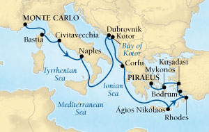 Seabourn Sojourn Cruise Map Detail Monte Carlo, Monaco to Piraeus (Athens), Greece November 3-17 2016 - 14 Days - Voyage 5664