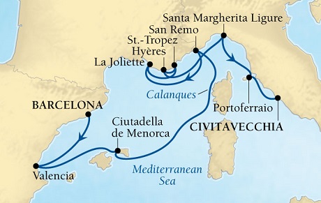 LUXURY CRUISES - Penthouse, Veranda, Balconies, Windows and Suites Seabourn Sojourn Cruise Map Detail Barcelona, Spain to Civitavecchia (Rome), Italy September 19-29 2022 - 10 Days - Voyage 5654