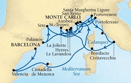 Seabourn Sojourn Cruise Map Detail Barcelona, Spain to Monte Carlo, Monaco September 19 October 6 2016 - 17 Days - Voyage 5654A