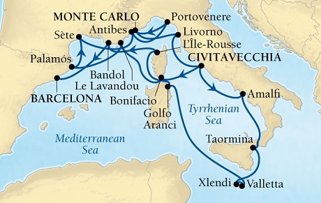Seabourn Sojourn Cruise Map Detail Civitavecchia (Rome), Italy to Barcelona, Spain September 29 October 17 2016 - 18 Days - Voyage 5655A