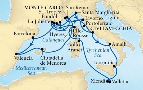 LUXURY CRUISES - Penthouse, Veranda, Balconies, Windows and Suites Seabourn Sojourn Cruise Map Detail Monte Carlo, Monaco to Civitavecchia (Rome), Italy September 8-29 2022 - 21 Days - Voyage 5653A