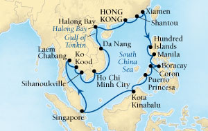 Seabourn Sojourn Cruise Map Detail Hong Kong to Hong Kong, China February 18 March 18 2017 - 28 Days - Voyage 5715A