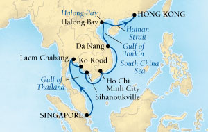 SEABOURNE LUXURY Sojourn Cruise Map Detail Singapore to Hong Kong, China February 4-18 2024 - 14 Days - Schedule 5714