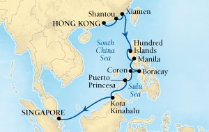 LUXURY CRUISES - Penthouse, Veranda, Balconies, Windows and Suites Seabourn Sojourn Cruise Map Detail Hong Kong, China to Singapore January 21 February 4 2020 - 14 Days - Voyage 5711