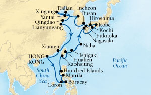 SEABOURNE LUXURY Sojourn Cruise Map Detail Hong Kong, China to Hong Kong, China March 18 April 23 2024 - 36 Days - Schedule 5719A