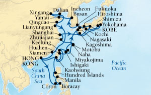 LUXURY CRUISES - Penthouse, Veranda, Balconies, Windows and Suites Seabourn Sojourn Cruise Map Detail Hong Kong, China to Kobe, Japan March 18 May 11 2020 - 54 Days - Voyage 5719B