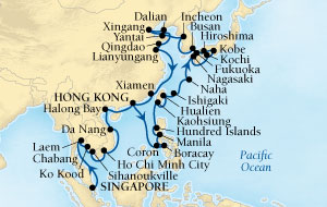 SEABOURNE LUXURY Sojourn Cruise Map Detail Singapore to Hong Kong, China March 4 April 23 2024 - 50 Days - Schedule 5718B