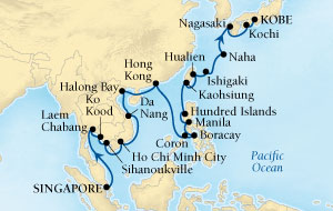 SEABOURNE LUXURY Sojourn Cruise Map Detail Singapore to Kobe, Japan March 4 April 5 2024 - 32 Days - Schedule 5718A