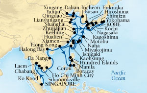 SEABOURNE LUXURY Sojourn Cruise Map Detail Singapore to Kobe, Japan March 4 May 11 2024 - 68 Days - Schedule 5718C