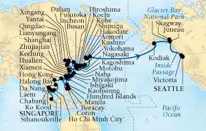 SEABOURNE LUXURY Sojourn Cruise Map Detail Singapore to Seattle, Washington, US March 4 May 31 2024 - 89 Days - Schedule 5718D