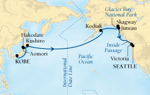 LUXURY CRUISES - Penthouse, Veranda, Balconies, Windows and Suites Seabourn Sojourn Cruise Map Detail Kobe, Japan to Seattle, Washington, US May 11-31 2020 - 21 Days - Voyage 5726