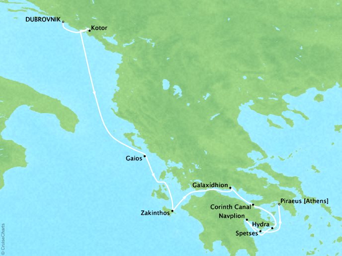 Seadream Cruise Yatch Club SeaDream II Map Detail Dubrovnik, Croatia to Piraeus, Greece July 15-24 2017 - 9 Days