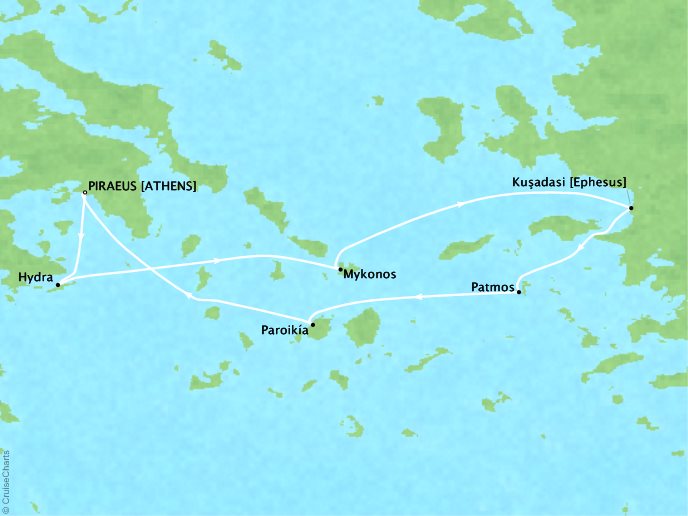 Seadream Cruise Yatch Club SeaDream II Map Detail Piraeus, Greece to Piraeus, Greece July 24-29 2017 - 5 Days