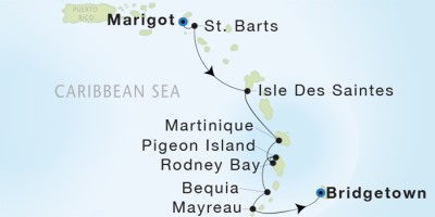 Seadream Yacht Club Cruises SeaDream I  Map Detail Marigot, Saint Martin to Bridgetown, Barbados December 2-9 2017 - 7 Days