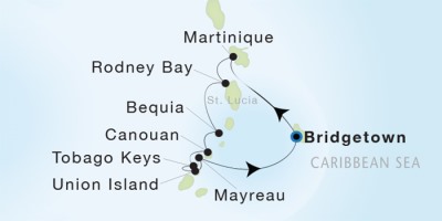 Seadream Yacht Club Cruises SeaDream I  Map Detail Bridgetown, Barbados to Bridgetown, Barbados December 9-16 2017 - 7 Days