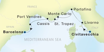Seadream Yacht Club Cruises SeaDream I  Map Detail Civitavecchia, Italy to Barcelona, Spain July 29 August 5 2017 - 7 Days
