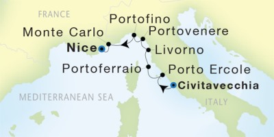 Seadream Yacht Club Cruises SeaDream I  Map Detail Civitavecchia, Italy to Nice, France September 30 October 7 2017 - 7 Days