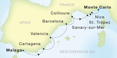 Seadream Yacht Club Cruises SeaDream II  Map Detail Mlaga, Spain to Monte Carlo, Monaco April 28 May 6 2017 - 8 Days