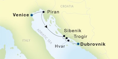 Seadream Yacht Club Cruises SeaDream II  Map Detail Venice, Italy to Dubrovnik, Croatia August 14-19 2017 - 5 Days