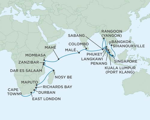 LUXURY CRUISES - Penthouse, Veranda, Balconies, Windows and Suites Seven Seas Voyager December 21 2027 February 3 2028 Cape Town, South Africa to Bangkok (Laem Chabang), Thailand