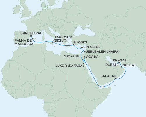 Cruises Around The World Seven Seas Voyager May 2-23 2025 Dubai, United Arab Emirates to Barcelona, Spain