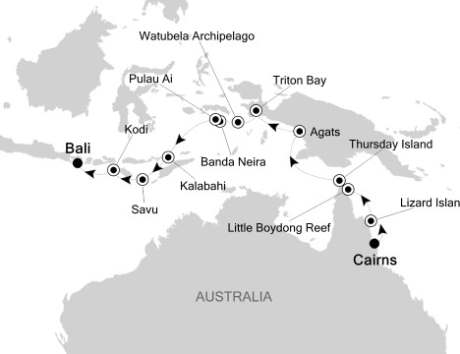 Cruises Around The World Silversea Silver Discoverer November 9-23 2026 Cairns, Australia to Benoa (Bali), Indonesia