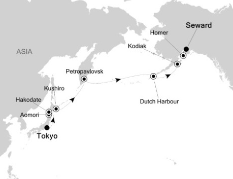 Cruises Around The World Silversea Silver Shadow May 4-18 2026 Tokyo, Japan to Seward, AK, United States