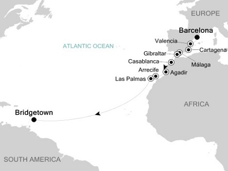 Cruises Around The World Silversea Silver Spirit November 5-21 2025 Barcelona to Bridgetown