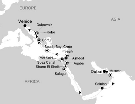 Luxury Cruises Just Silversea Silver Whisper April 8-30 2026 Dubai, UAE to Venice, Italy