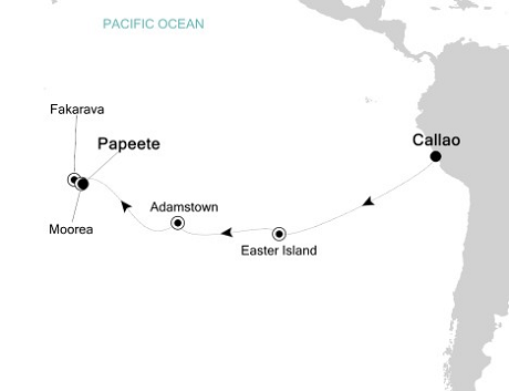 Cruises Around The World Silversea Silver Whisper January 16-30 2025 Callao, Peru to Papeete, Tahiti, French Polynesia