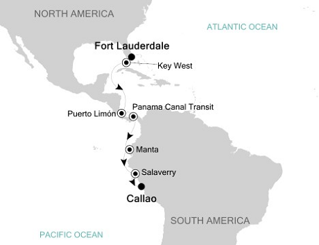 Cruises Around The World Silversea Silver Whisper January 5-16 2025 Fort Lauderdale, Florida, USA to Callao, Peru
