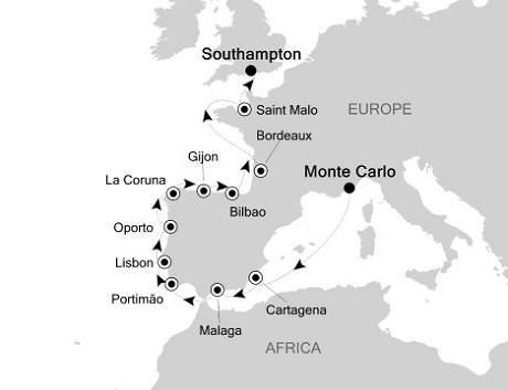 Cruises Around The World Silversea Silver Whisper May 8-22 2026 Monte Carlo, Monaco to Southampton, United Kingdom